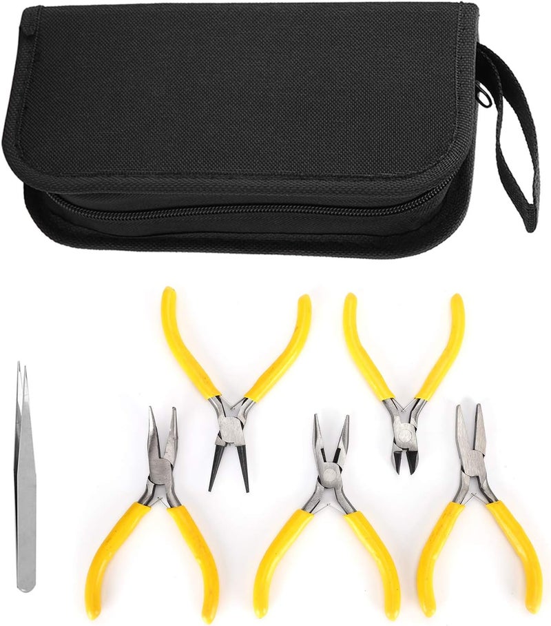 woobles 6Pcs Jewellery Pliers Tools Kit 4.9inch Bent Nose Pliers 4.9inch Round Nose Pliers 4.7inch Diagonal Side Pliers 6.3inch Needle Nose Pliers 4.9inch Flat Nose Pliers Tweezer Set with Storage Box - Image 1